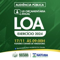 Na próxima sexta (17) de novembro irá acontecer Audiência Pública para apresentação da LOA - Lei Orçamentária Anual 2024.